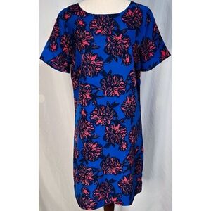 J Crew Floral Shift Dress Blue Pink Graphic Short Sleeve Classic Quiet Luxury